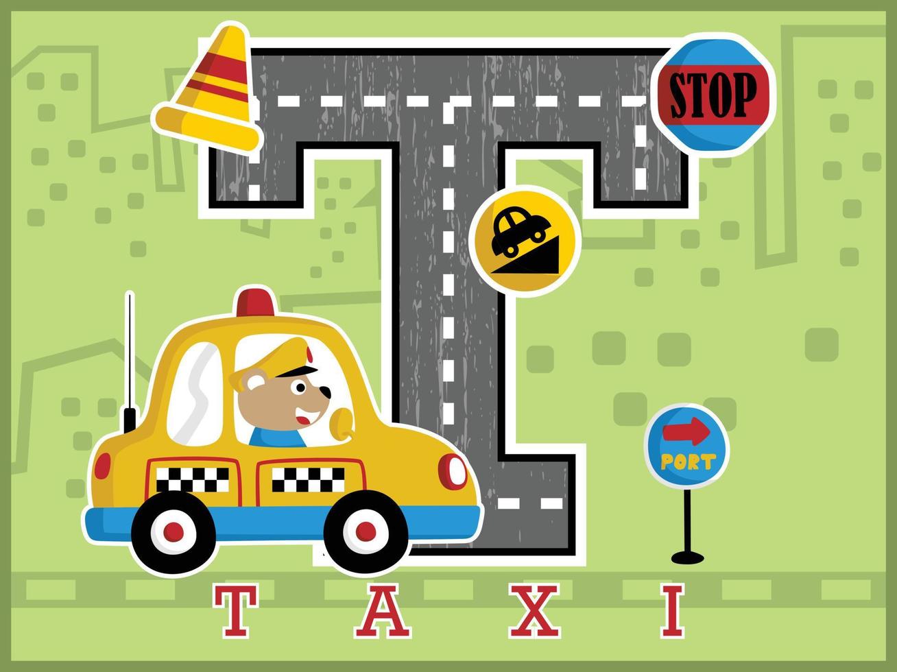 karikaturvektor des niedlichen bären, der taxi fährt, verkehrselementillustration auf großem t-alphabet vektor