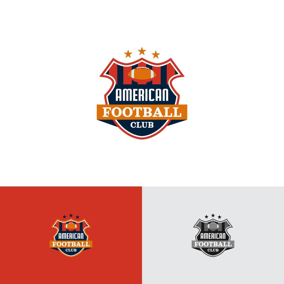 logotyp emblem amerikan fotboll randig bricka med boll och stjärnor blå röd orange vektor