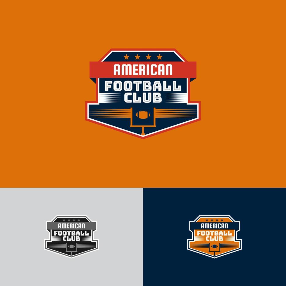 logotyp emblem amerikan fotboll mål och boll med stark bricka orange röd svart blå vektor