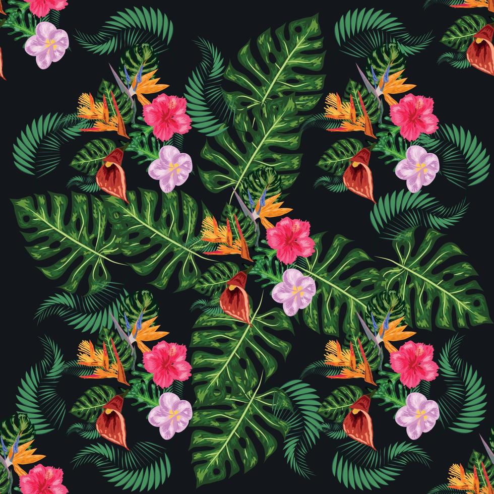 tropisk rosa orkide blommor, monstera, banan handflatan löv sömlös mönster. djungel lövverk illustration. exotisk vektor