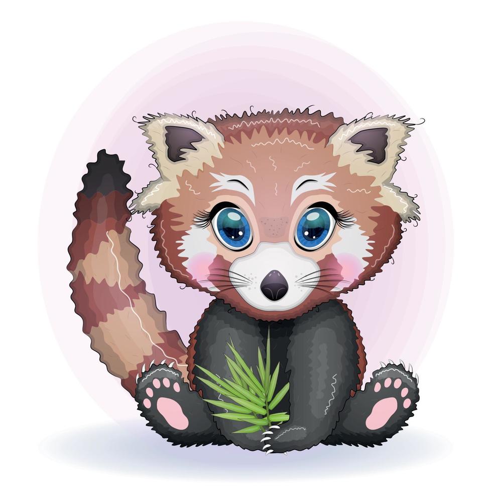 roter panda, niedlicher charakter mit bambusblättern, grußkarte, heller kindlicher stil. seltene tiere, rotes buch, bär vektor