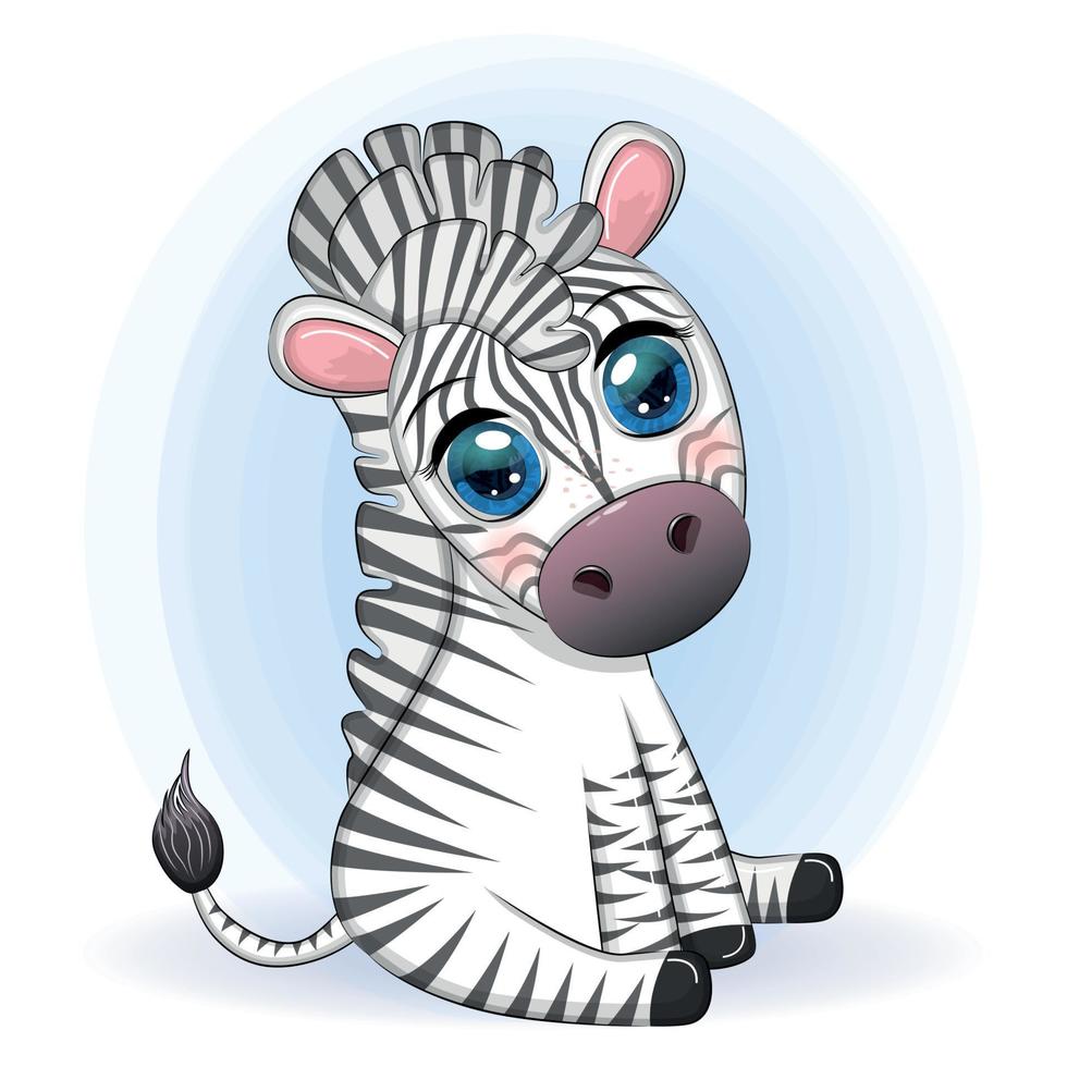 niedliches Cartoon-Zebra sitzt und wedelt mit dem Schwanz. kindlicher Charakter. vektor