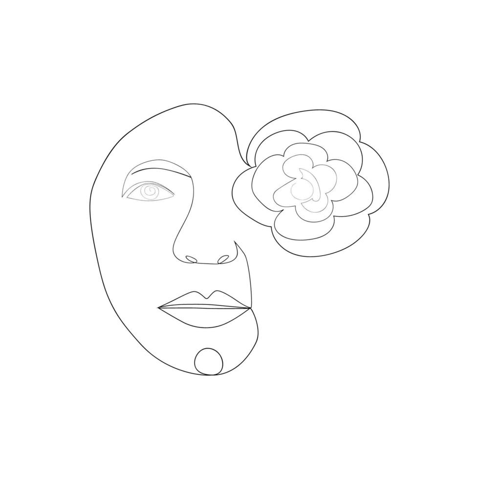 Frau Gesicht mit Blumen eine Strichzeichnung. Die Hälfte des Gesichts ist eine Blume. fortlaufende Strichzeichnung Naturkosmetik. vektor