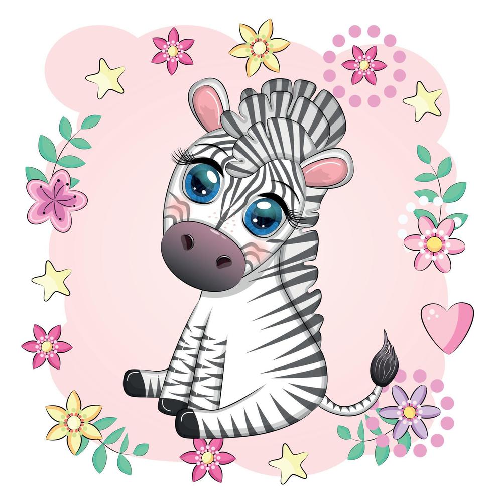 niedliches Cartoon-Zebra sitzt in Blumen. kindlicher gestreifter charakter, afrikanische tiere vektor