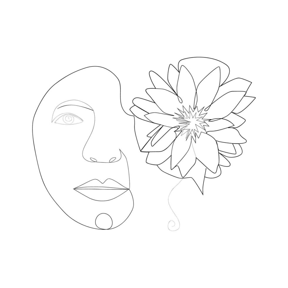 Frau Gesicht mit Blumen eine Strichzeichnung. Die Hälfte des Gesichts ist eine Blume. fortlaufende Strichzeichnung Naturkosmetik. vektor