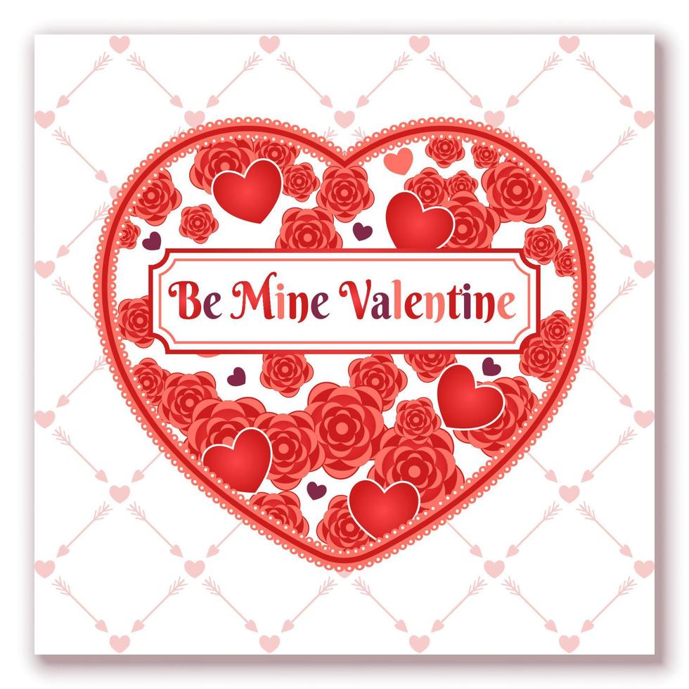 vorgefertigte Valentinstag-Grußkarte. valentine mit roten herzen, rosen, kleinen lila herzen, lacy-kontur, kopierraum. vektorillustration für den 14. februar. vektor