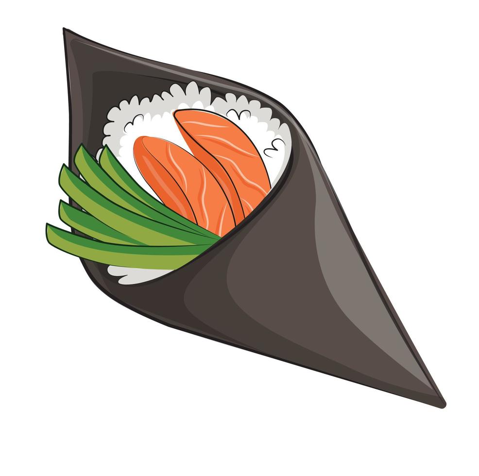 japanische küche, asiatisches essen. für Restaurantmenüs und Plakate. Lieferstellen Vektor flache Illustration isoliert auf weißem Hintergrund. Sushi-Rollen-Onigiri-Sojasauce-Set. Bild auf Lager