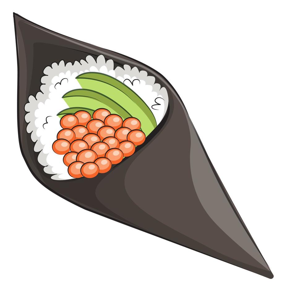 japanische küche, asiatisches essen. für Restaurantmenüs und Plakate. Lieferstellen Vektor flache Illustration isoliert auf weißem Hintergrund. Sushi-Rollen-Onigiri-Sojasauce-Set. Bild auf Lager
