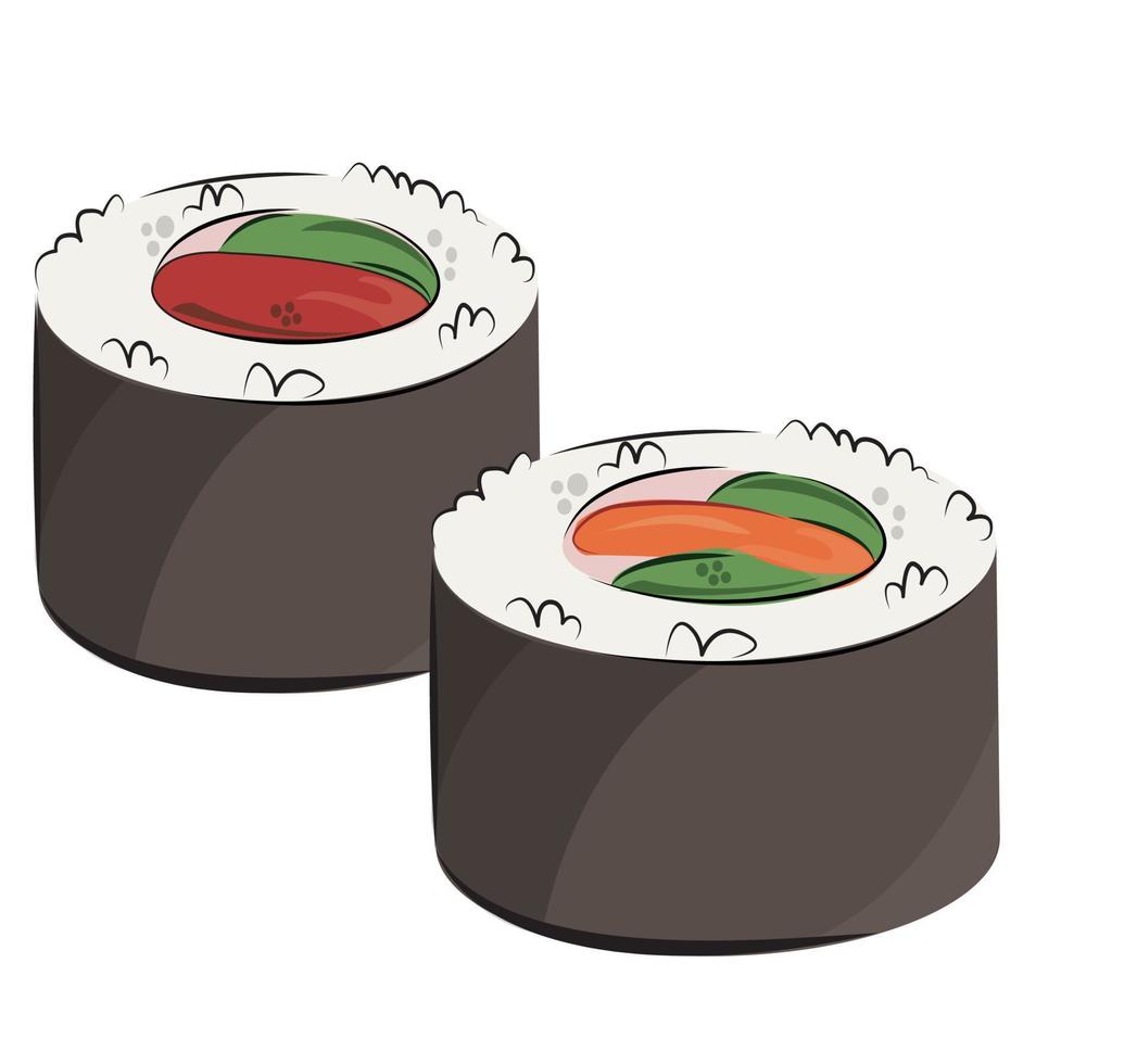 japanische küche, asiatisches essen. für Restaurantmenüs und Plakate. Lieferstellen Vektor flache Illustration isoliert auf weißem Hintergrund. Sushi-Rollen-Onigiri-Sojasauce-Set. Bild auf Lager