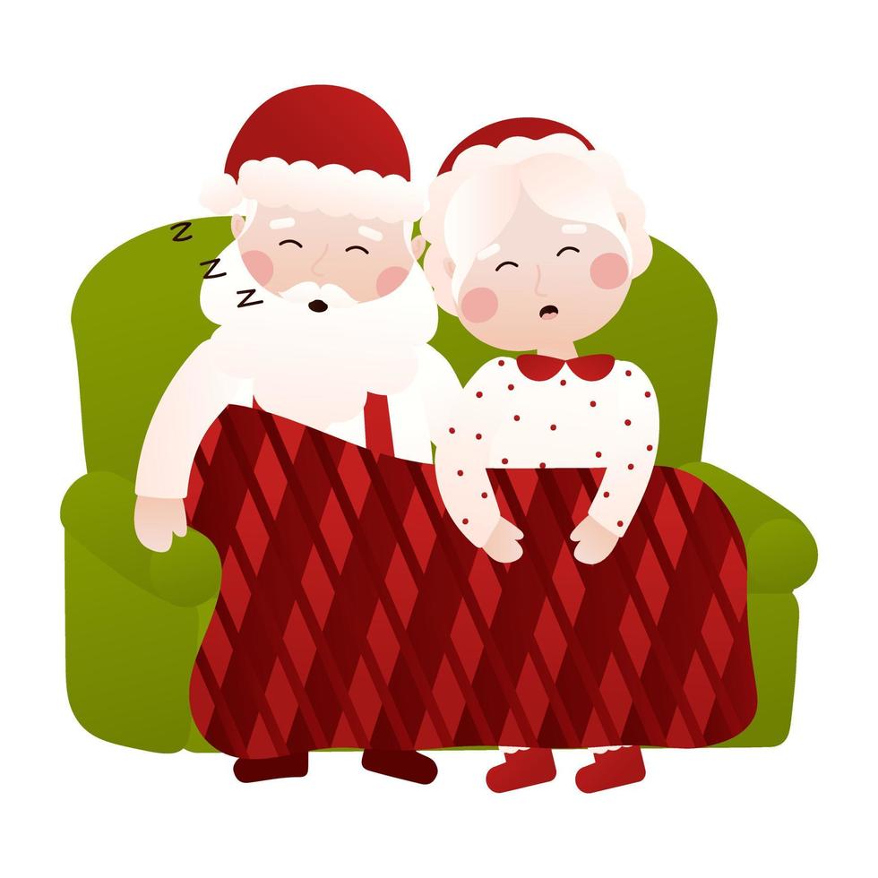 mr und mrs weihnachtsmann schlafen auf einer couch im cartoon-stil auf weißem hintergrund, clipart für plakatdesign vektor