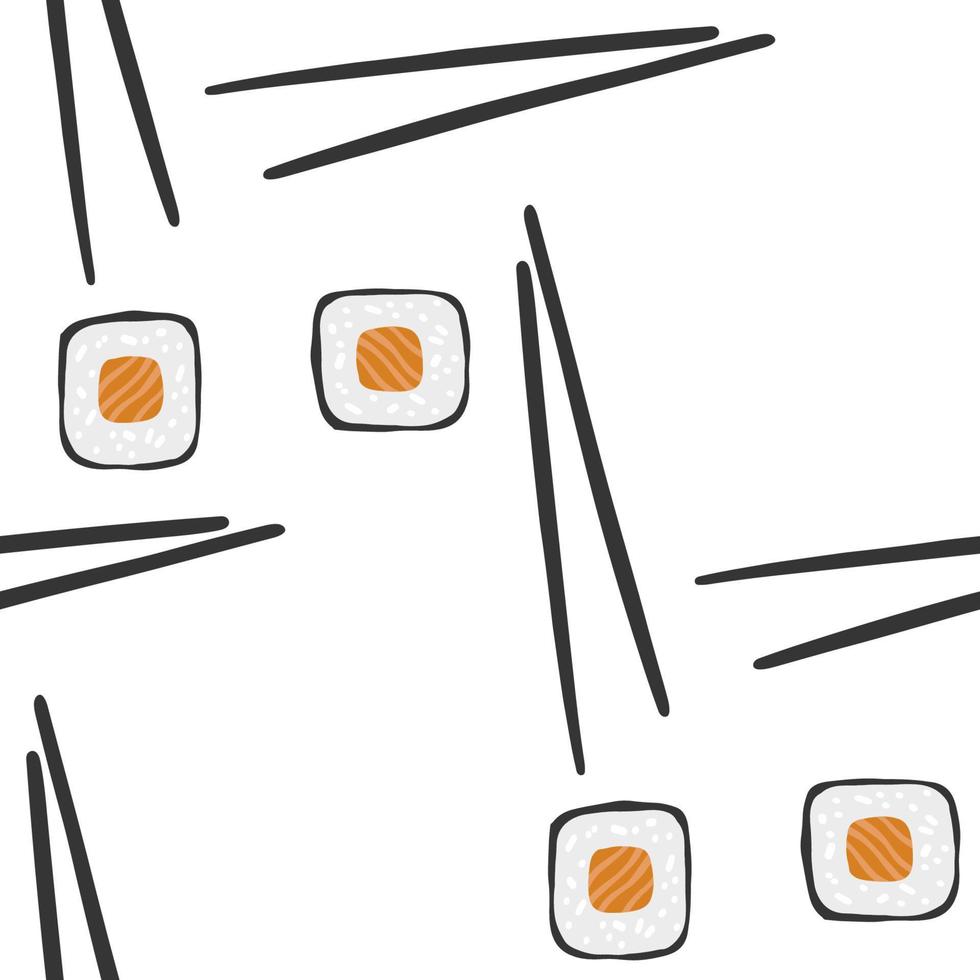 Nahtloses Muster mit Illustration der Sushi-Rolle mit Stäbchen auf weißem Hintergrund vektor