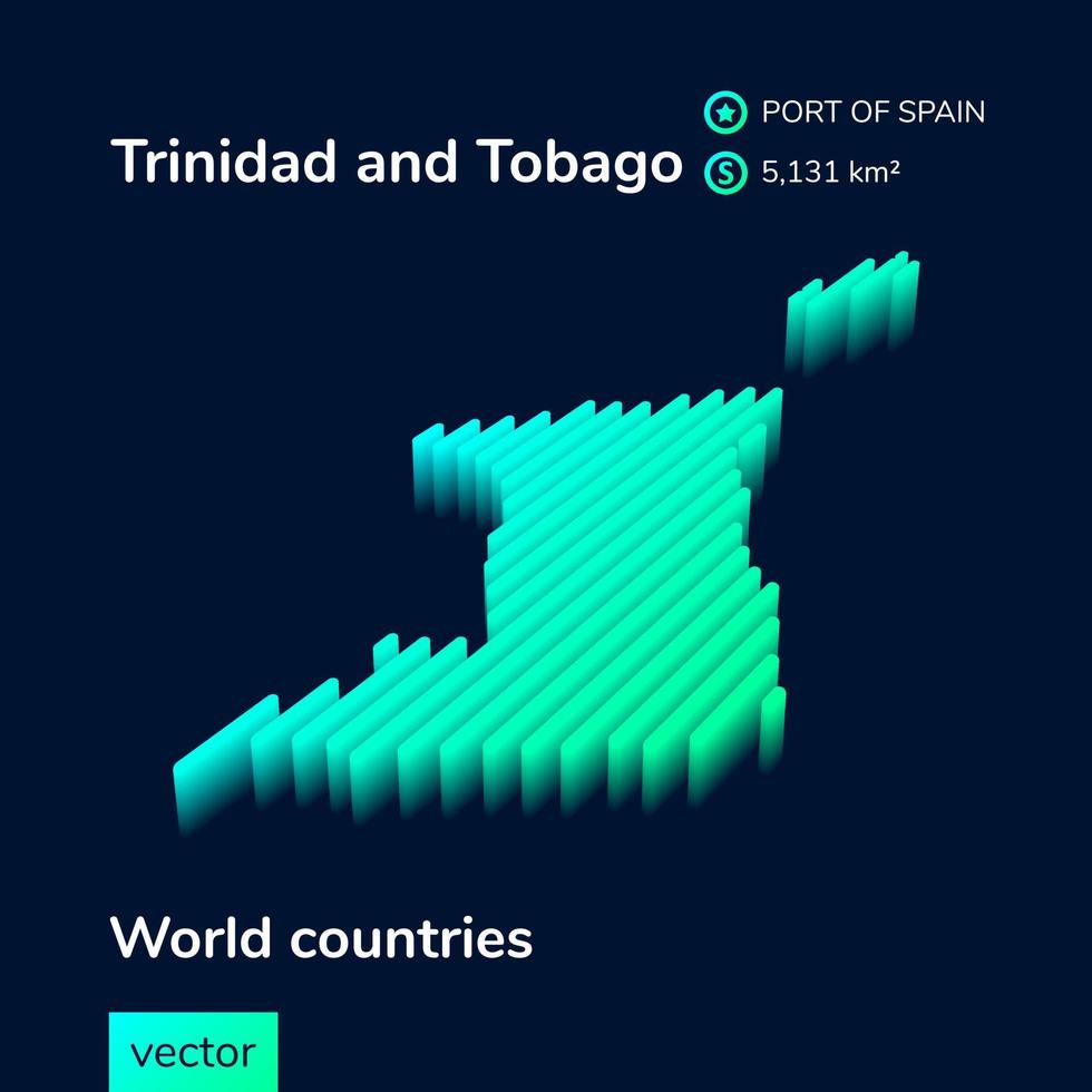 stilisierte digitale isometrische neonfarbene gestreifte trinidad und tobago 3d-karte in den farben grün, türkis und mint vektor