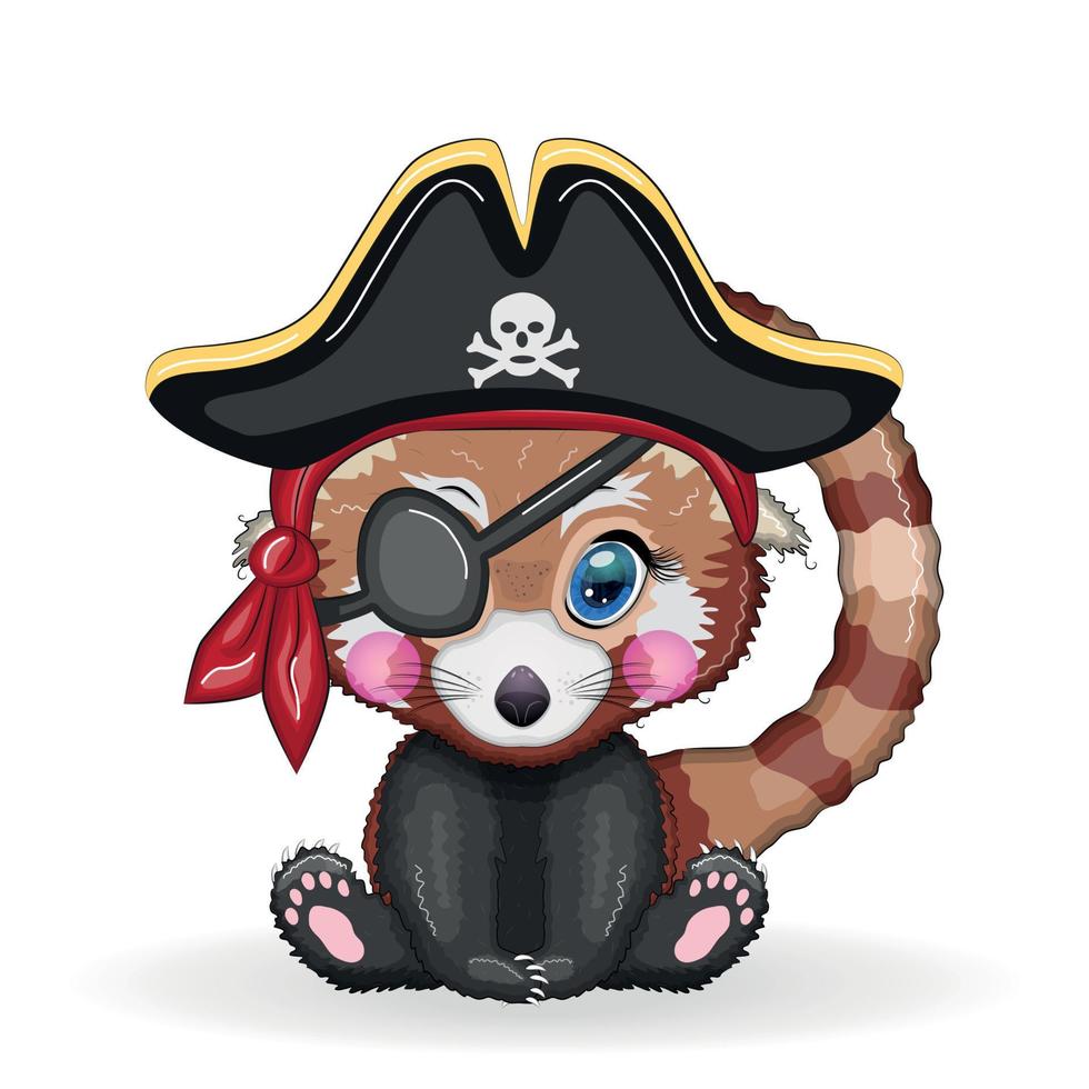 röd panda pirat, tecknad serie karaktär av de spel, vild Björn i en bandana och en spänd hatt med en skalle, med ett öga lappa. karaktär med ljus ögon vektor