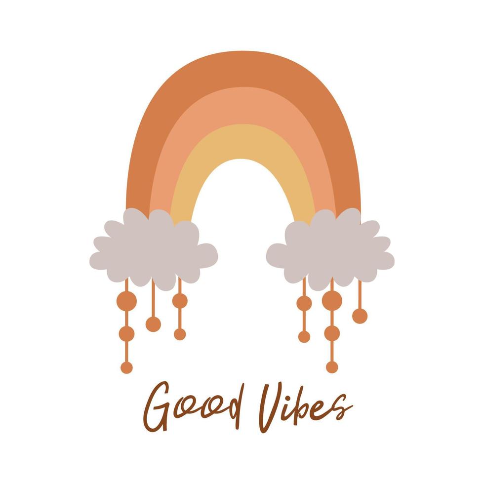 Boho-Regenbogen. süßer Kinderpastellregenbogen. Boho-Wandkunstelement. Gekritzel-Regenbogen. Text gute Stimmung. Boho Tribal dekorativer Druck, Poster, Babypartyeinladung. Vektor-Illustration. moderner Babyregenbogen. vektor