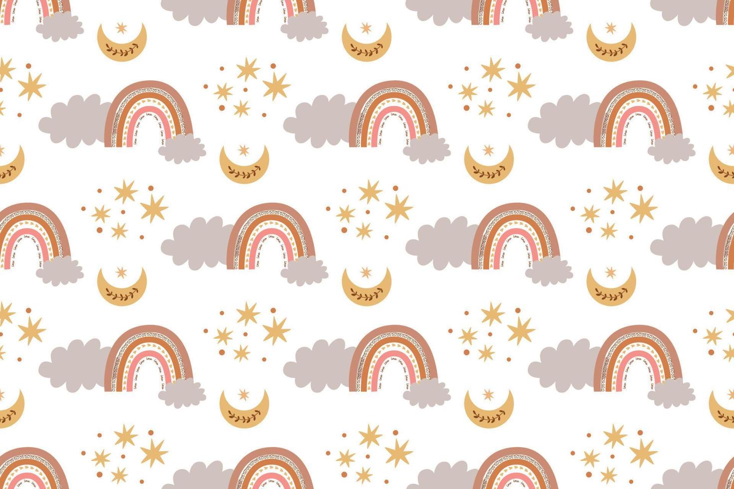barn boho regnbåge mönster modern pastell regnbågar, måne, moln. bebis boho bakgrund hand dragen stam- indisk seamles mönster barnkammare vägg konst bebis textil- tryckbar papper. barnkammare vektor illustration