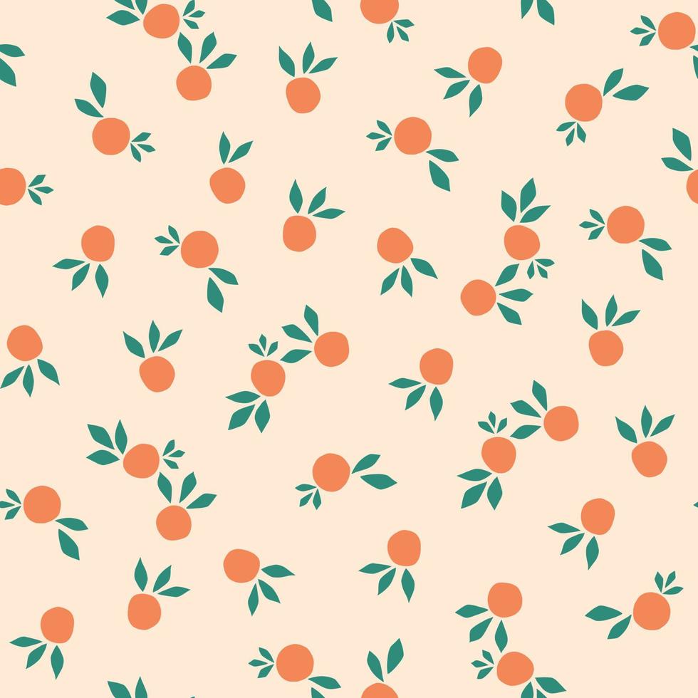 nahtloses Muster im modernen Stil. Druck im flachen Stil mit Orangen und Blättern. tropisches Design. nahtlos von orange mit grünen blättern auf pastellpfirsichhintergrund-vektorillustration. vektor