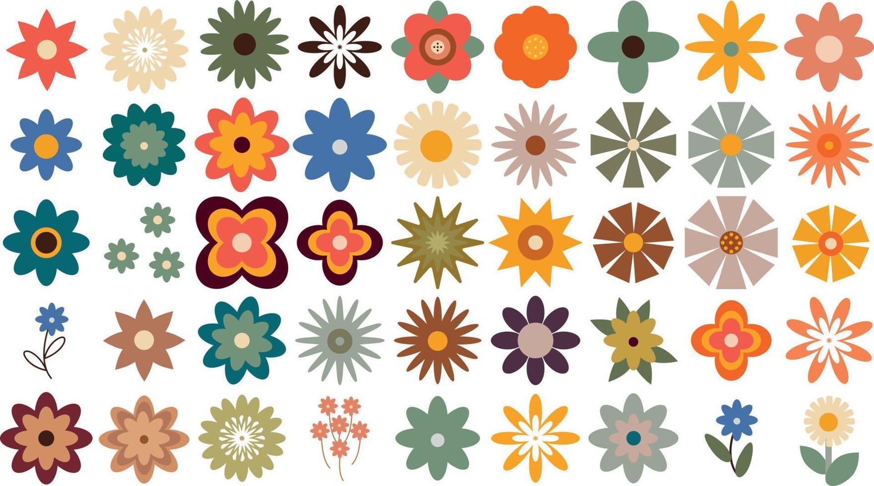 en uppsättning av blommor i retro stil. vektor illustration