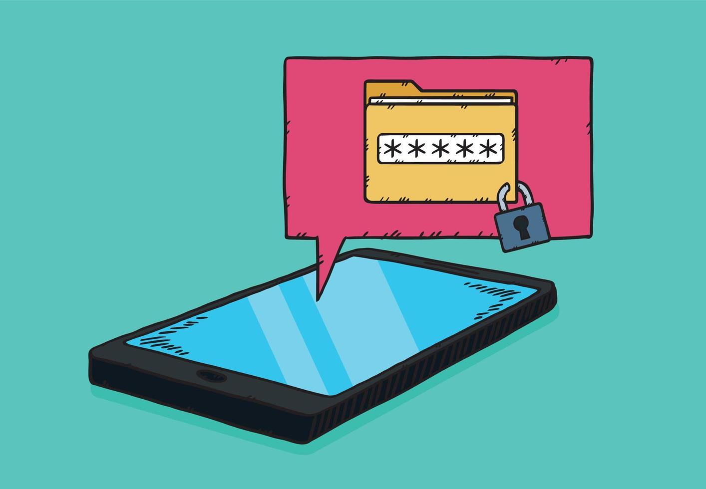 Die Ordnerdatei, die vom Telefon in der Cloud angezeigt wird, ist durch ein Passwort geschützt. Datenschutz. handgezeichnete Vektorgrafiken vektor
