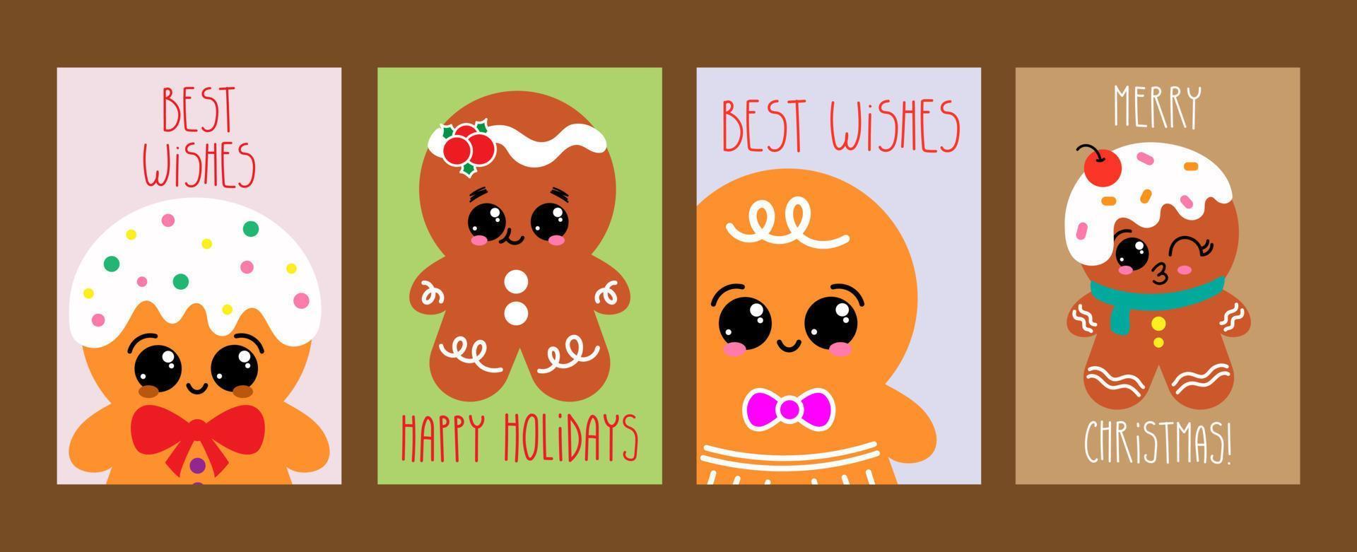 samling av jul kort med pepparkaka och hand text. söt pepparkaka småkakor, vinter- bakning vektor