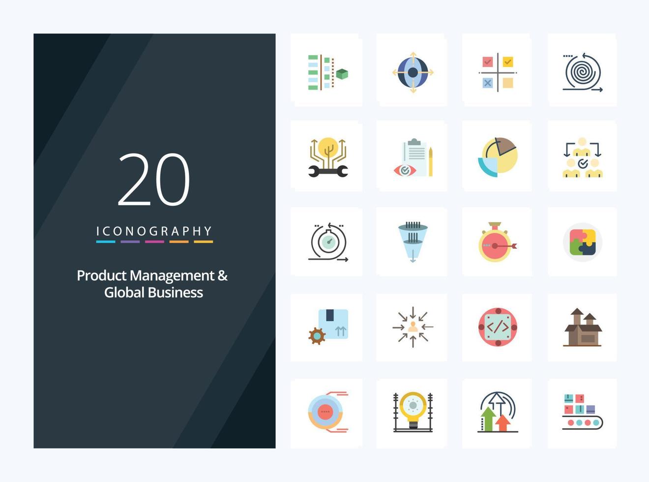 20 flaches Farbsymbol für Produktmanagement und globales Geschäft zur Präsentation vektor
