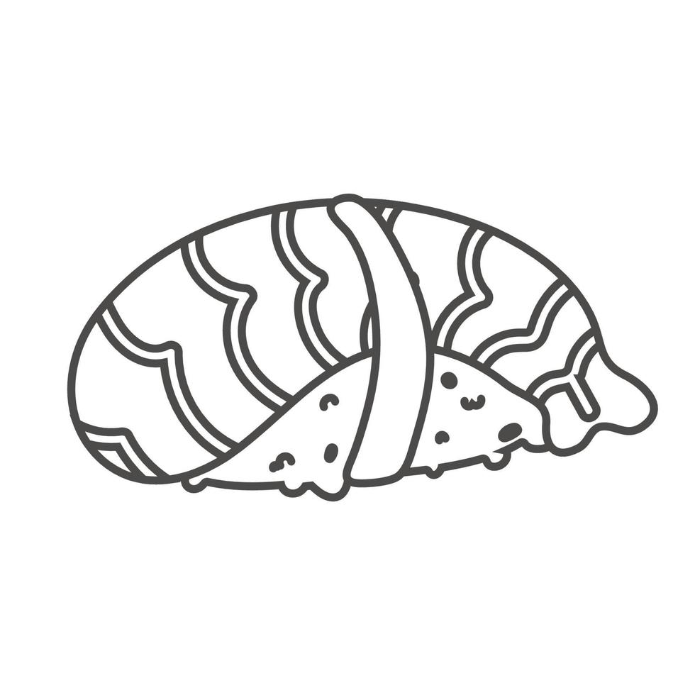 Doodle-Sushi-Rolle mit Sesam, japanisches Essen. Symbol für Sushi-Rollen-Cartoon-Stil. Sushi isoliert auf weißem Hintergrund. Vektor-Cartoon-Sushi. Logo, Symbol. Sushi-Rollen im handgezeichneten Stil. asiatisches Essen vektor