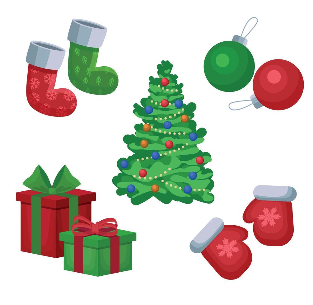 weihnachtsgrüße mit isolierten dekorativen winterobjekten - kugeln, spielzeug, geschenkboxen, girlanden, weihnachtsbäume auf weißem hintergrund vektor