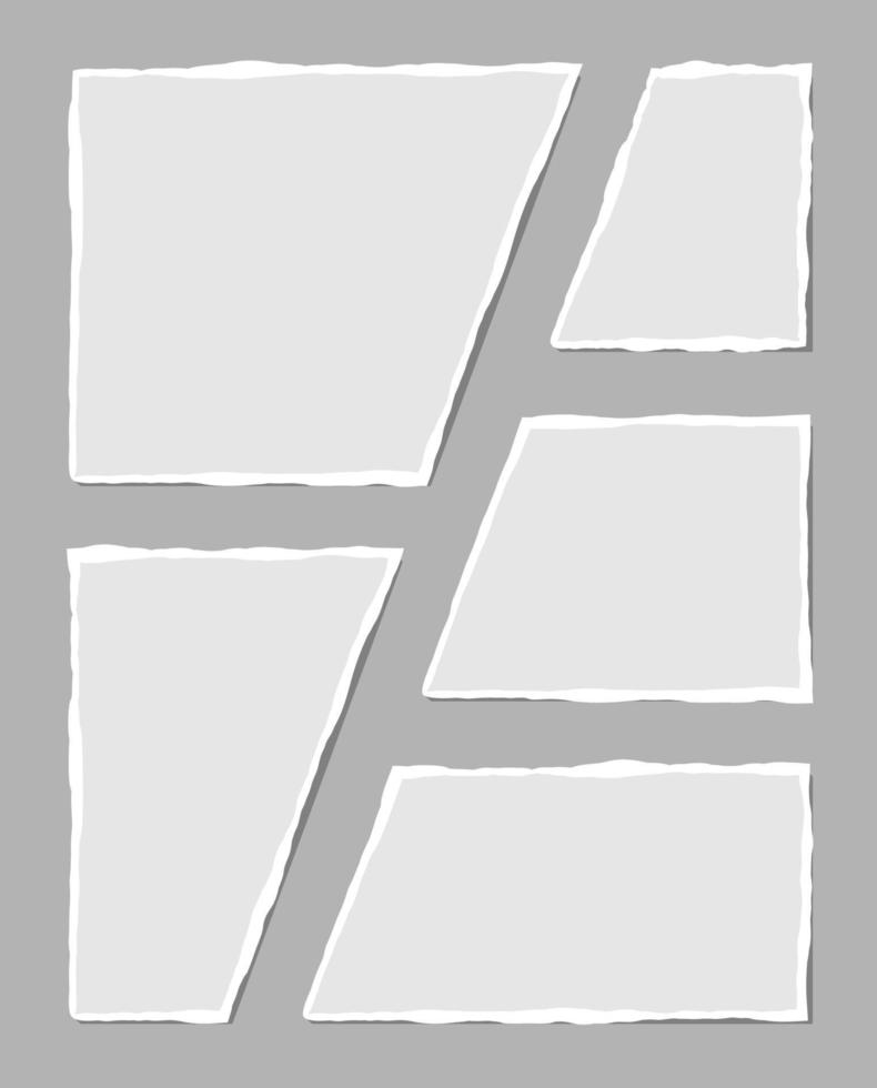 Satz zerrissener weißer Notizen. Fetzen von zerrissenem Papier in verschiedenen Formen isoliert auf grauem Hintergrund. Vektor-Illustration. vektor