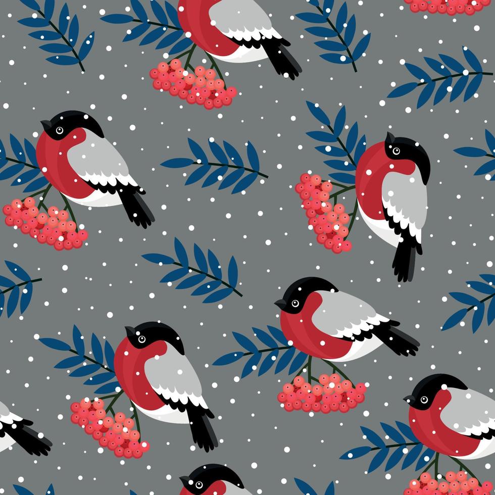 Nahtloses Muster mit roten Vogelbeeren und Dompfaffen. Vektorillustration auf weißem Hintergrund. vektor