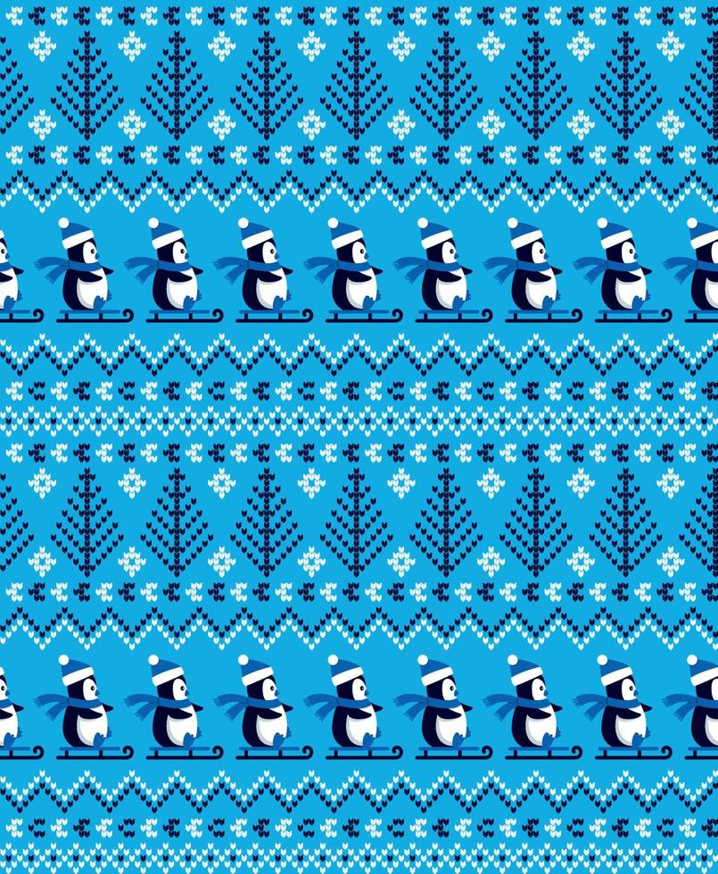 gestricktes weihnachts- und neujahrsmuster die pinguine. Wollstrickpullover-Design. Tapete Packpapier Textildruck. Folge 10 vektor