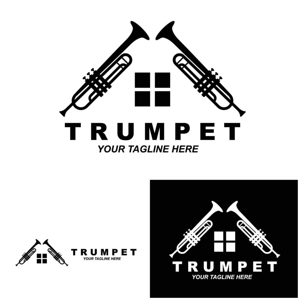 trumpet logotyp design, generera melodi, musikinstrument vektor skiss illustration