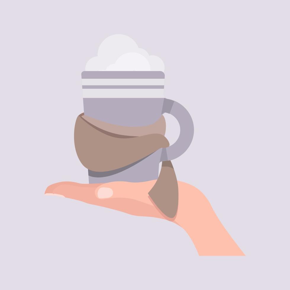 Eine lila Tasse Kaffee steht auf der Hand einer Frau vektor