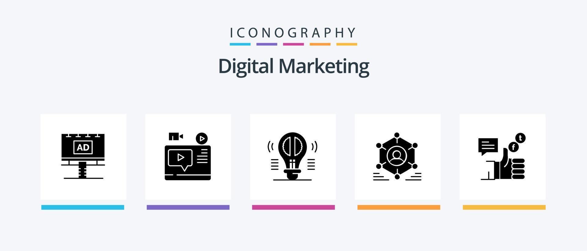 digital marknadsföring glyf 5 ikon packa Inklusive grupp. nätverk. Youtube. tänkande. kreativ tänkande. kreativ ikoner design vektor