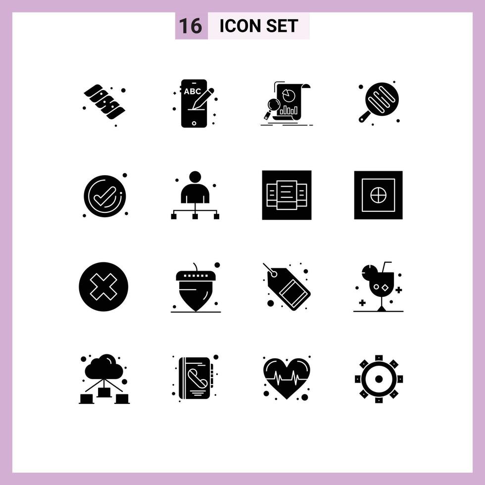 Gruppe von 16 modernen soliden Glyphen, die für das Check-Management-Geschäft gesetzt werden. Geschäft, das editierbare Vektordesign-Elemente kocht vektor