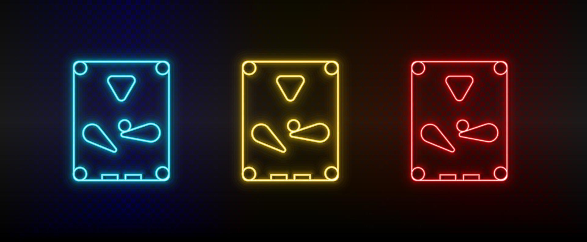 Neon-Symbole. Flipper-Arcade-Spiel. Satz von roten, blauen, gelben Neonvektorsymbolen auf dunklem Hintergrund vektor