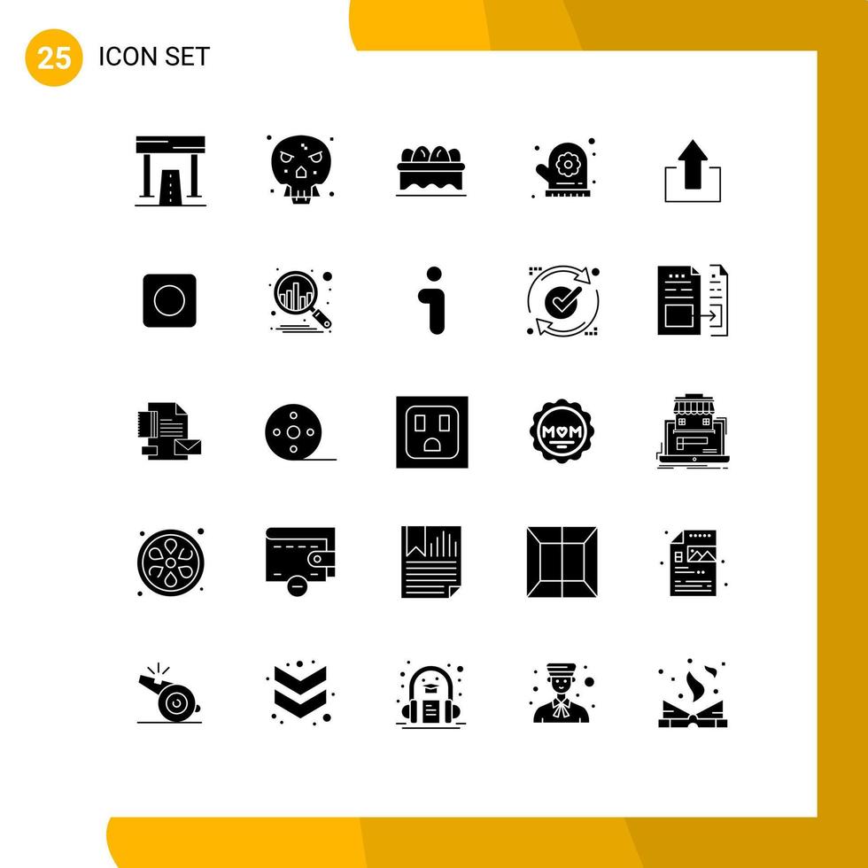 25 universelle solide Glyphen für Web- und mobile Anwendungen nach oben Pfeil Schädel Sauna Ofenhandschuh editierbare Vektordesign-Elemente vektor