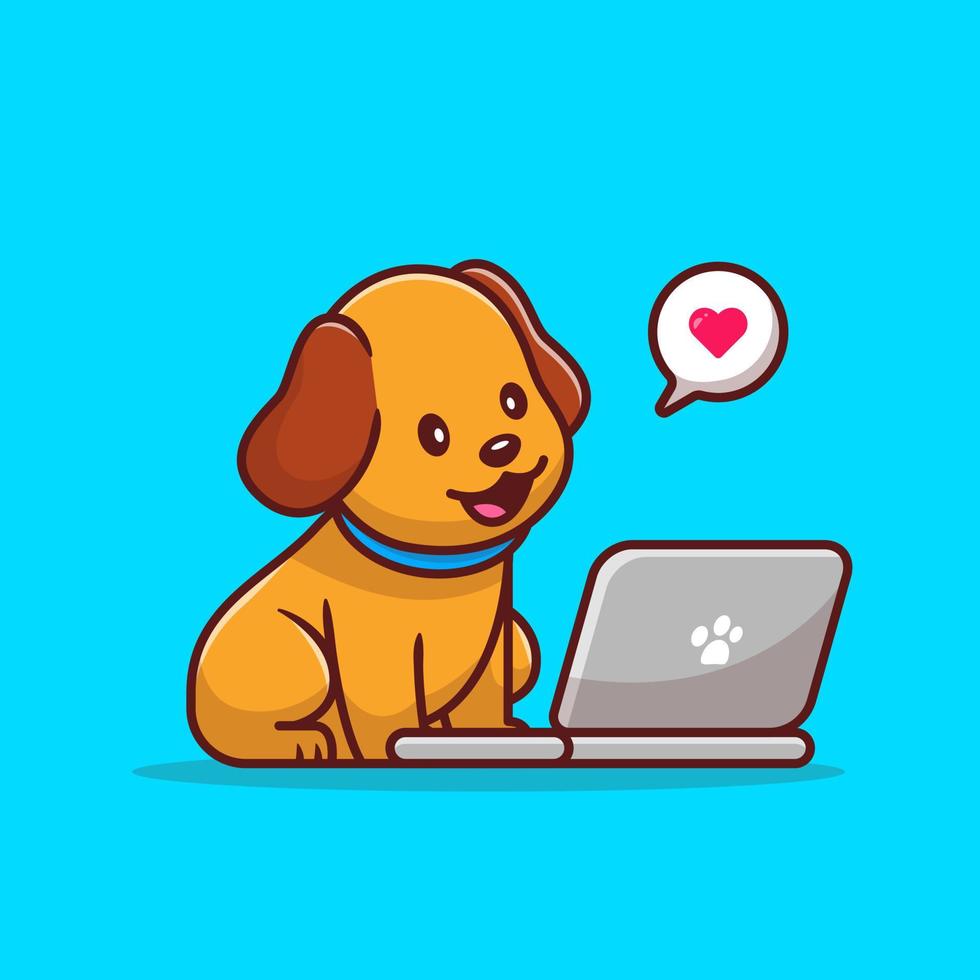 söt hund med bärbar dator tecknad serie vektor ikon illustration. djur- teknologi ikon begrepp isolerat premie vektor. platt tecknad serie stil