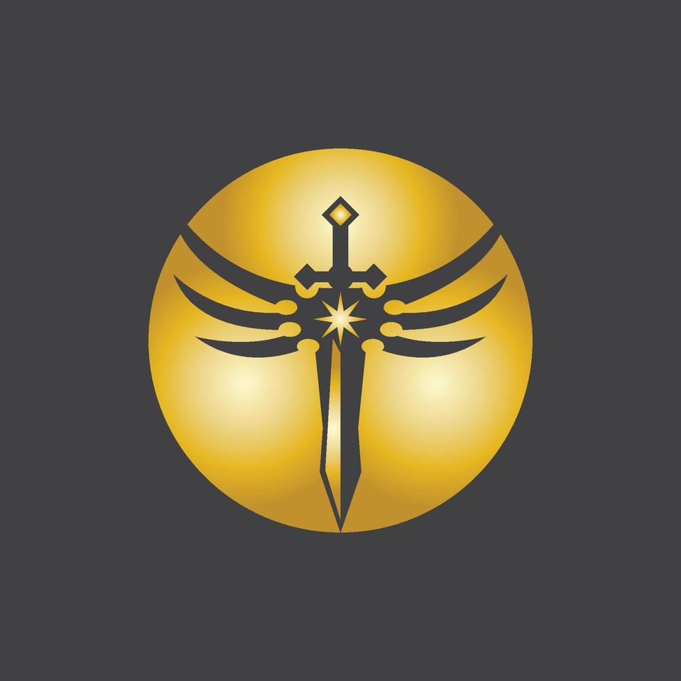 guld svärd krig försvara logotyp vektor illustration med svart bakgrund