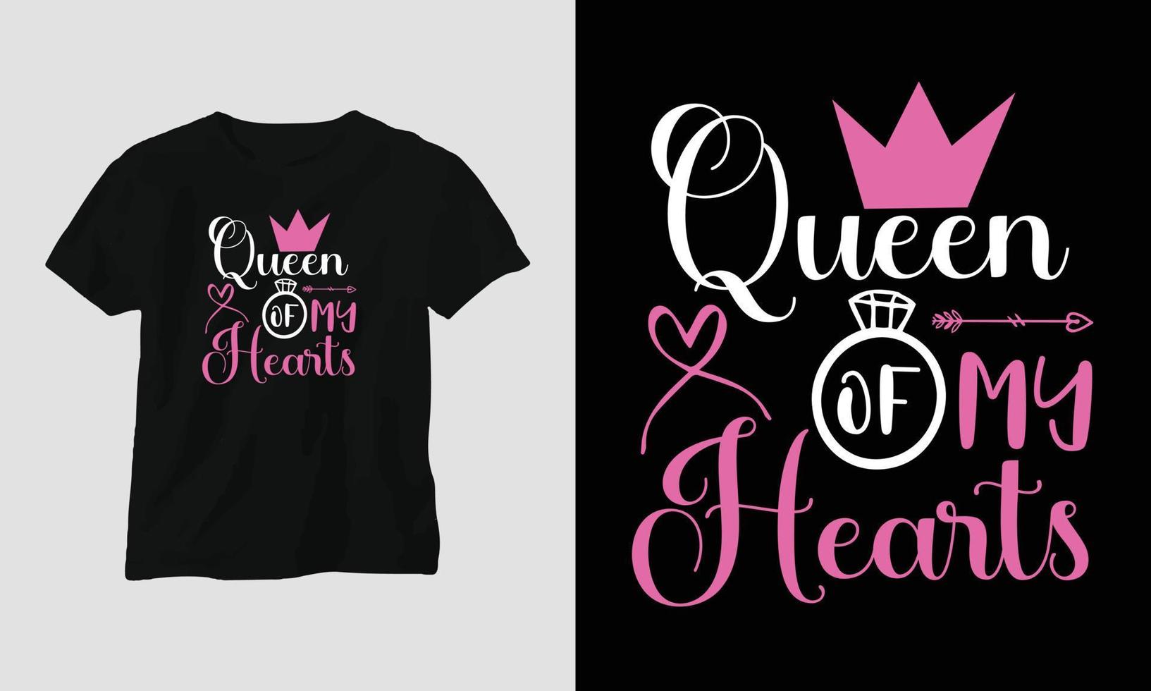 drottning av min hjärtan - hjärtans dag typografi t-shirt design med hjärta, pil, kyss, och motiverande citat vektor