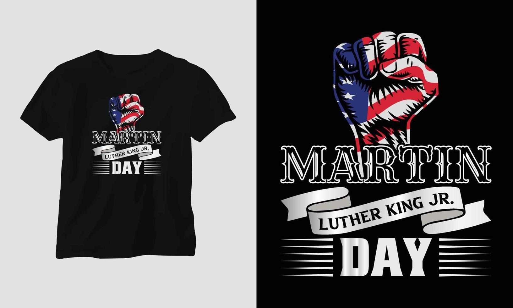 Martin luther kung jr. dag t-shirt design i USA tema med band, näve, flagga vektor