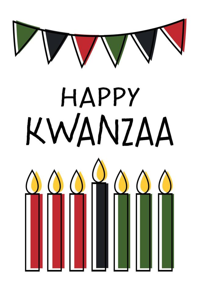 glückliche kwanzaa-vertikale grußkarte mit flaggenammer, sieben kerzen. süßes einfaches plakat für afroamerikanische kwanzaa-feiern. vektor