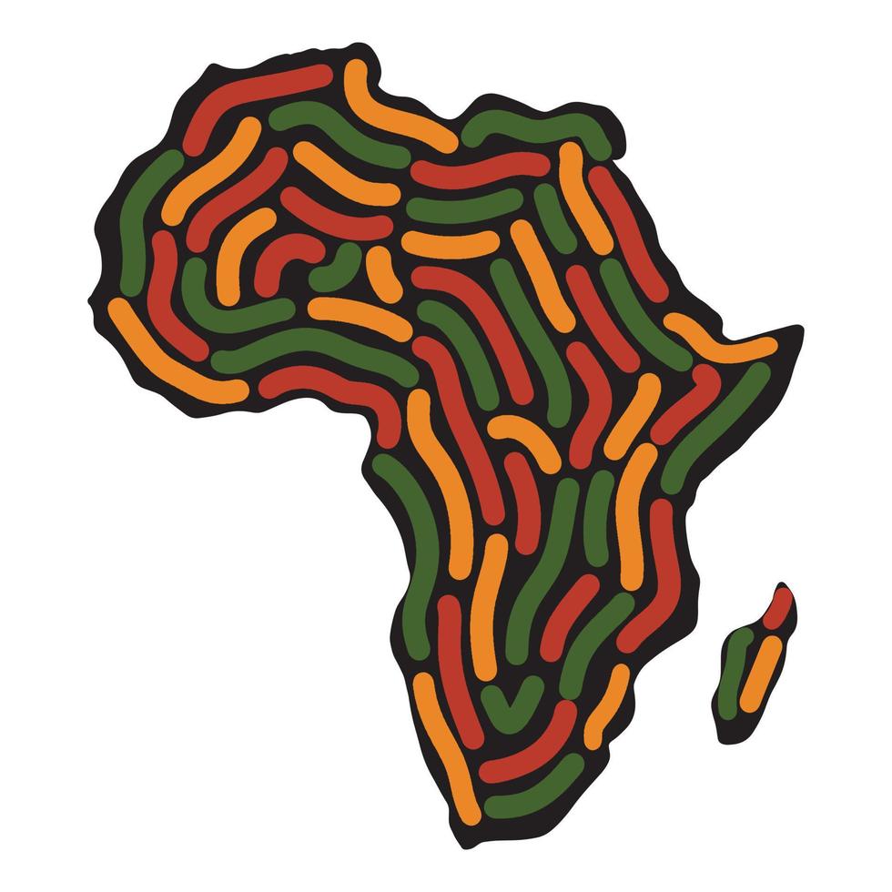 afrika-karte, dekorative schwarze silhouette des afrikanischen kontinents mit abstrakten linienverzierung in der farbe der panafrikanischen flagge - rot, gelb, grün. Liner Strich glatte runde Linien Ornament in Form von Afrika vektor