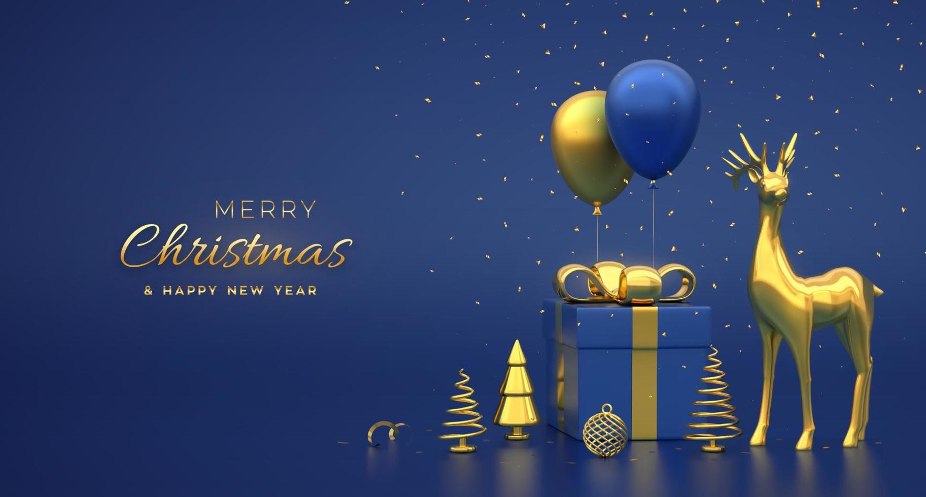 Weihnachtsbanner. komposition aus geschenkbox mit goldener schleife, kugel, goldenem hirsch, metallischer kiefer, tanne, fichte, festlichen heliumballons. neujahr, weihnachtshintergrund. Vektor-3D-Darstellung. vektor