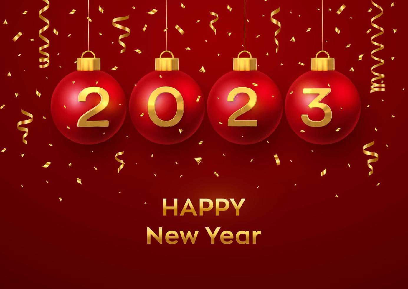 Lycklig ny år 2023. hängande röd jul struntsak bollar med realistisk gyllene 3d tal 2023 och glitter konfetti. hälsning kort. Semester xmas och ny år affisch, baner, flygblad. vektor illustration
