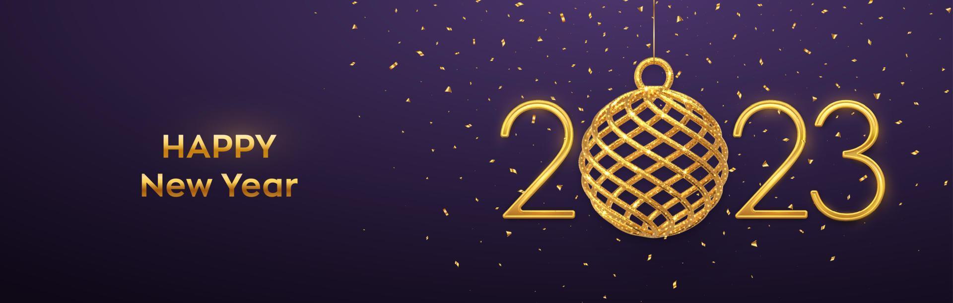 Lycklig ny 2023 år. hängande gyllene metallisk tal 2023 med lysande 3d guld boll struntsak och konfetti på lila bakgrund. ny år hälsning kort, baner, rubrik mall. vektor illustration.