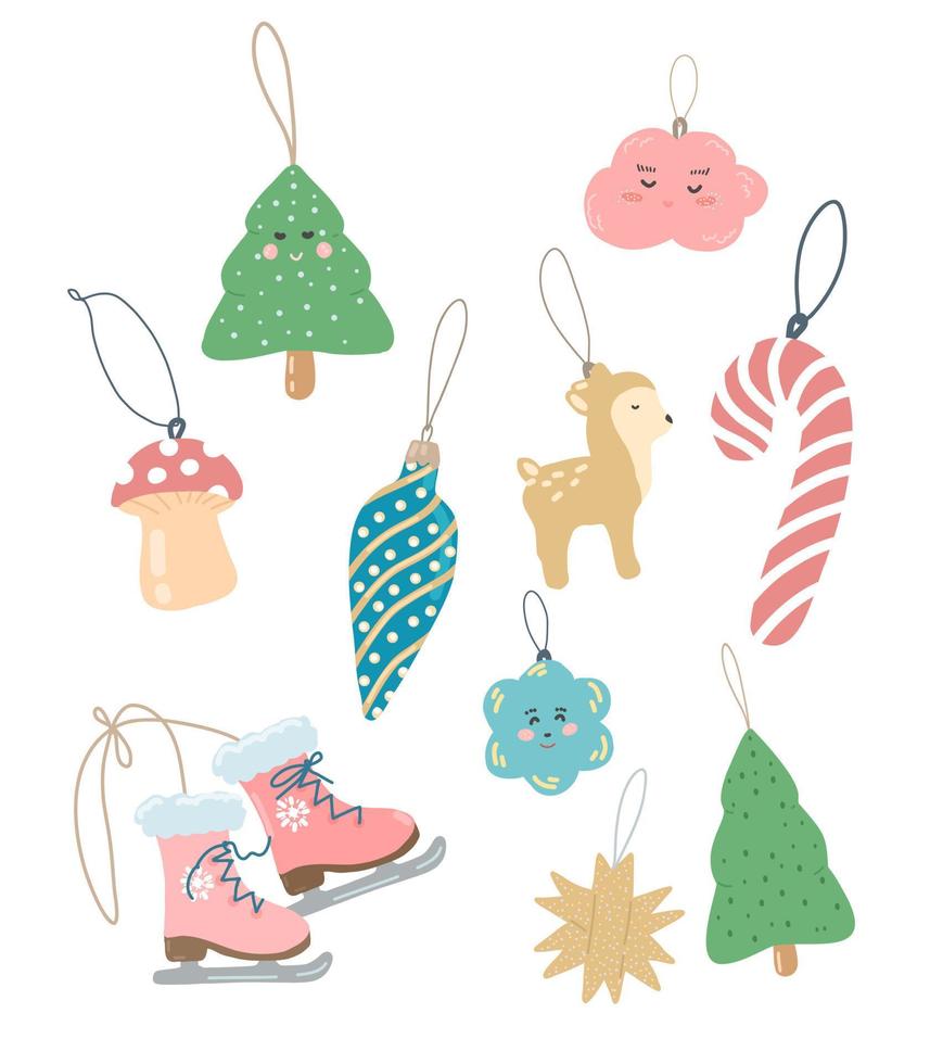 große reihe von weihnachtsspielzeug. Vintage Weihnachtsschmuck. illustrationen lutscher, weihnachtsbaum, hirsch, schlittschuhe, wolke vektor