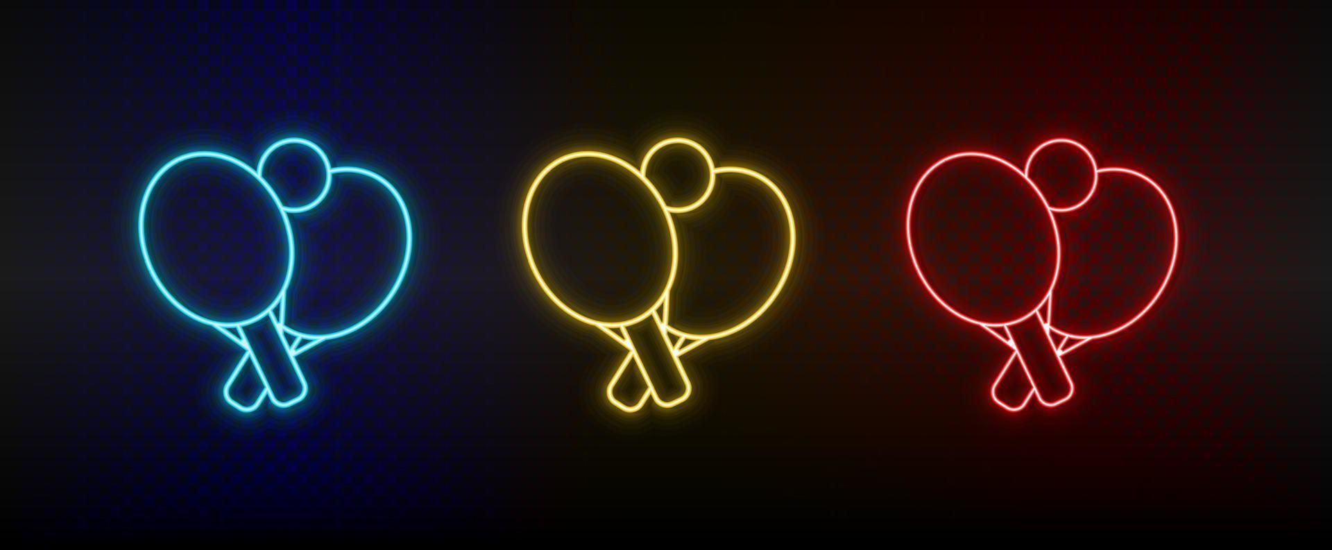 Neon-Symbole. Ping-Pong-Schläger Tischtennis. Satz von roten, blauen, gelben Neonvektorsymbolen auf dunklem Hintergrund vektor