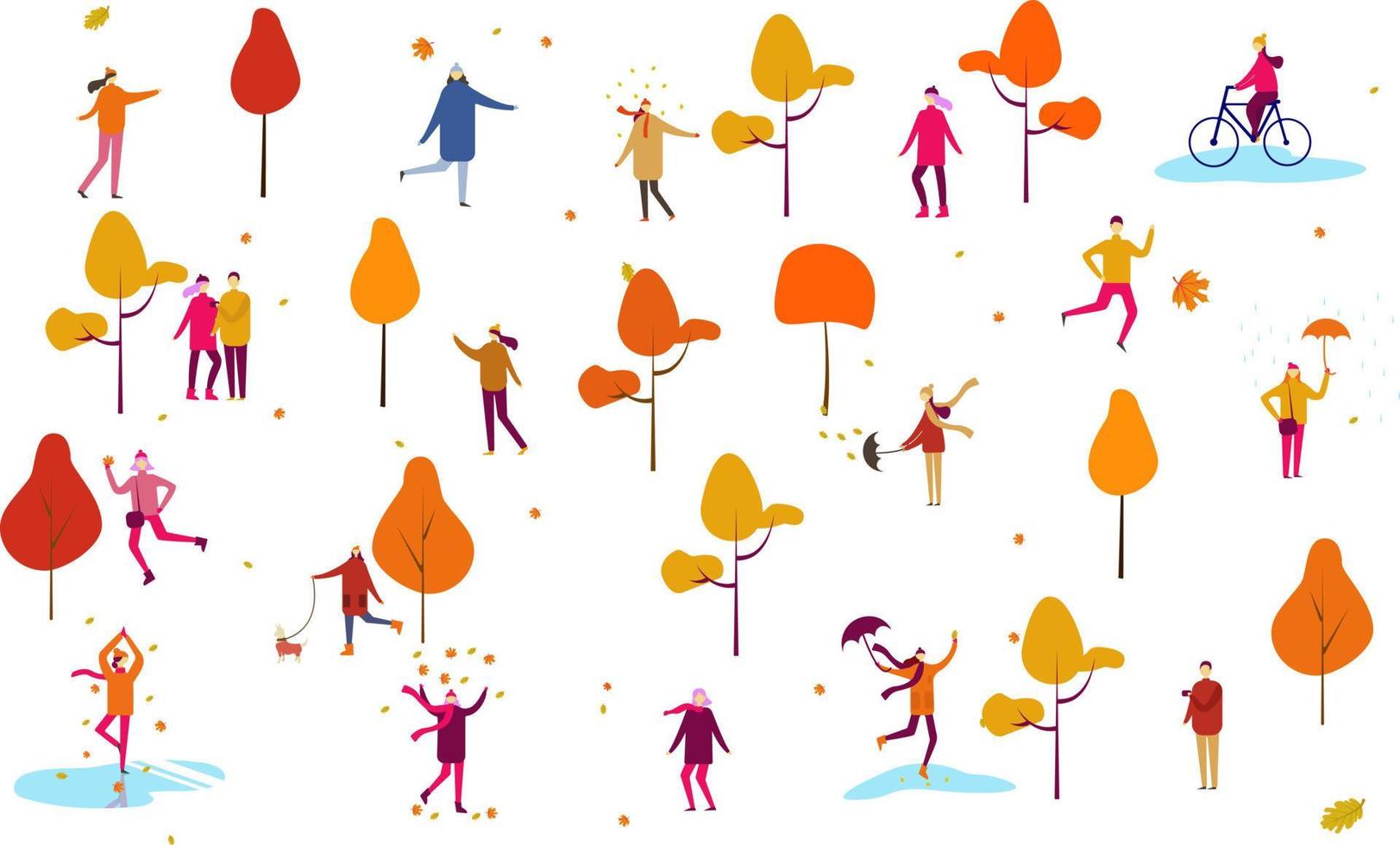 höst falla tacksägelse människor utomhus- Hem tecknad serie vektor illustration scen uppsättning, man kvinna par barn promenad med paraplyer, hundar, spendera tid i de parkera, rida Cyklar, läsa bok, måla