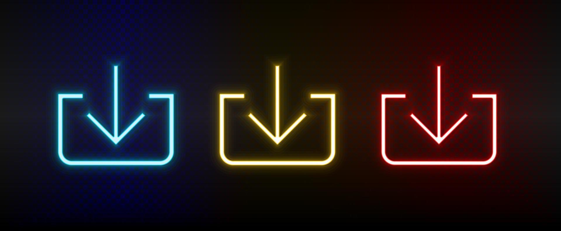 Neon-Symbole. ui-Pfeil. Satz von roten, blauen, gelben Neonvektorsymbolen auf dunklem Hintergrund vektor