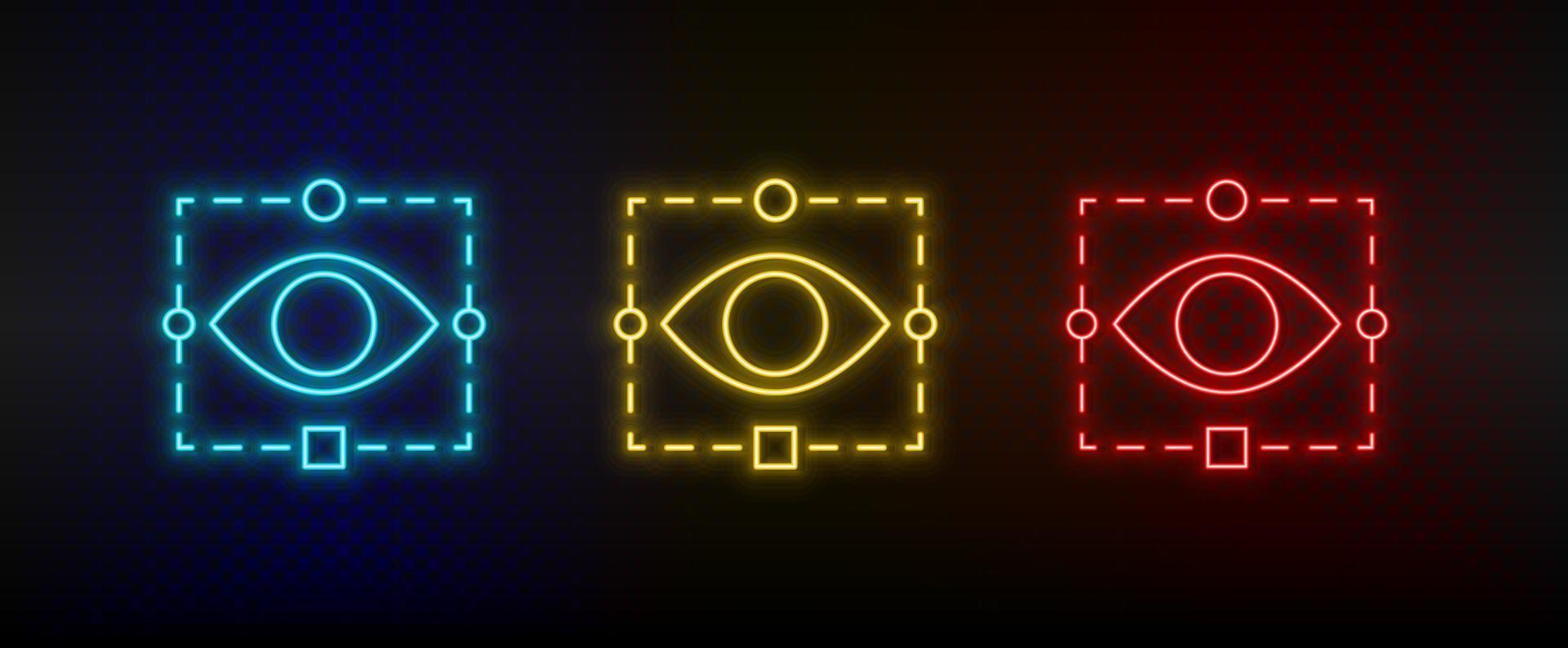 Neon-Symbole. Retina-Tech-Auge. Satz von roten, blauen, gelben Neonvektorsymbolen auf dunklem Hintergrund vektor