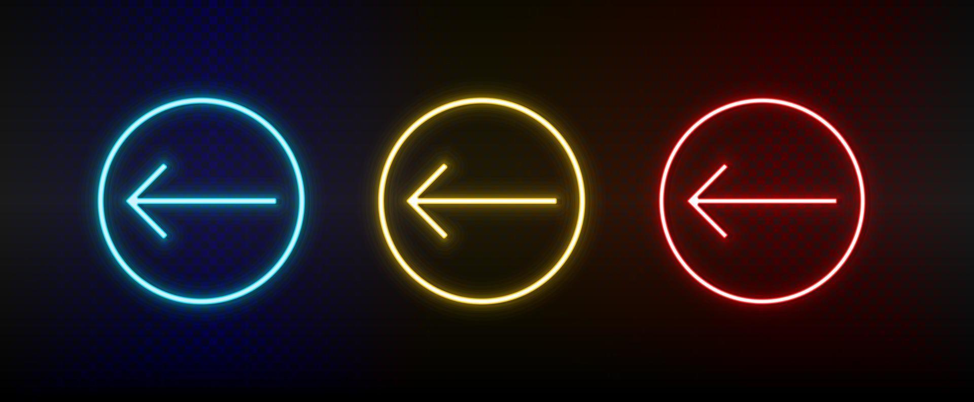 Neon-Symbole. ui-Pfeil. Satz von roten, blauen, gelben Neonvektorsymbolen auf dunklem Hintergrund vektor